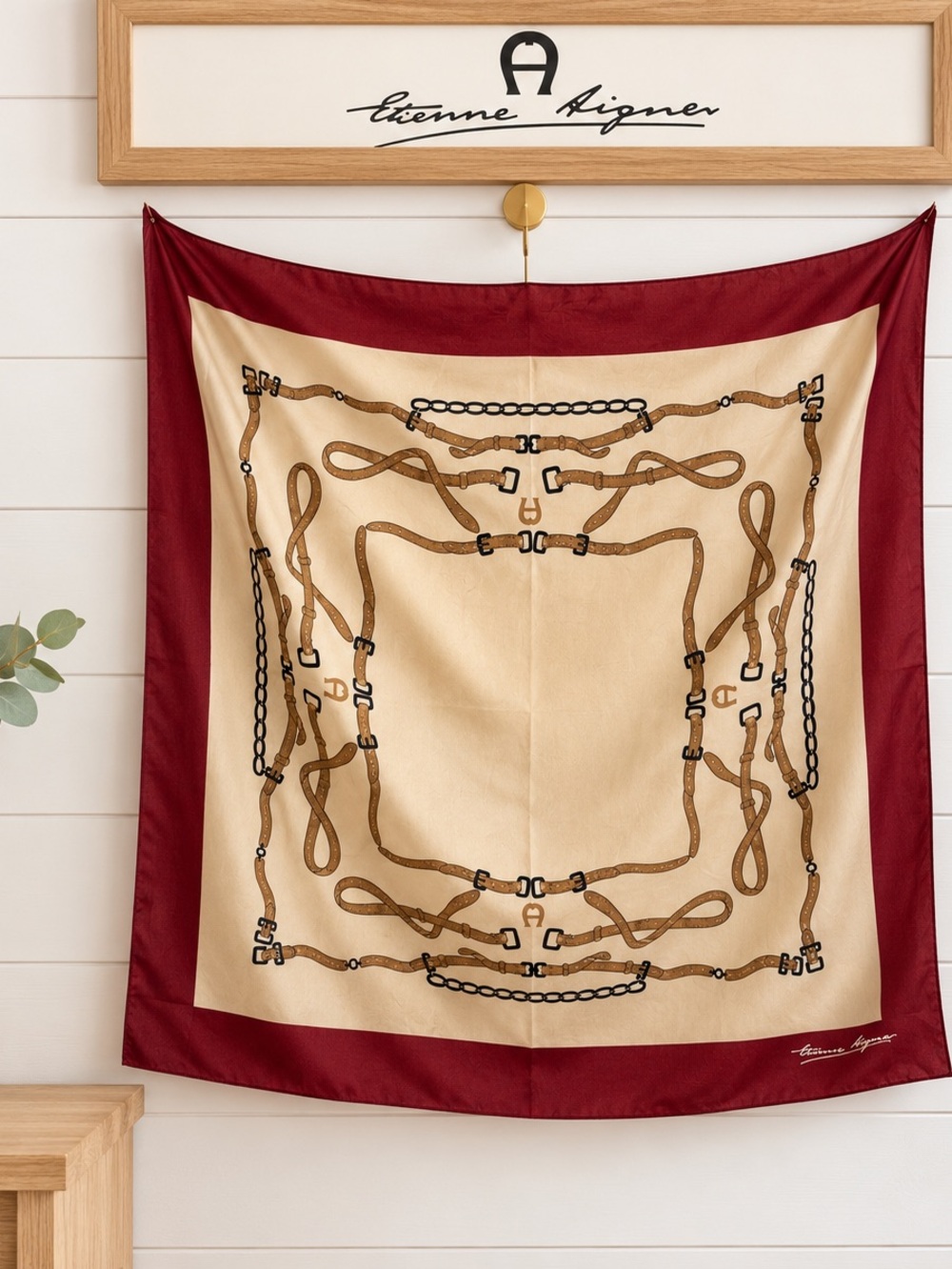 Etienne Aigner Vintage Scarf โ Equestrian Print โ Burgundy & Cream